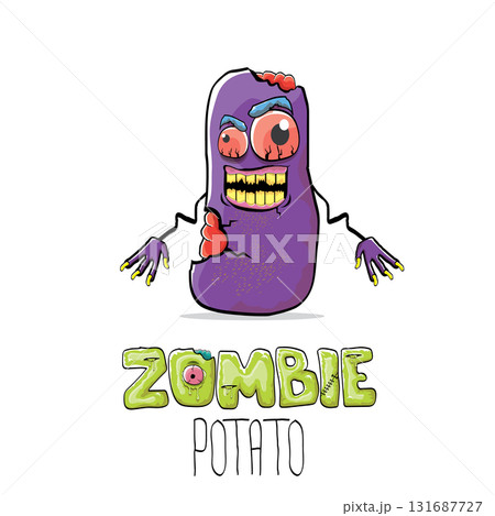 vector funny cartoon spooky violet zombie potato character isolated on white background. Zombie potato vector concept halloween background and label. Dead monster vegetable funky character 131687727