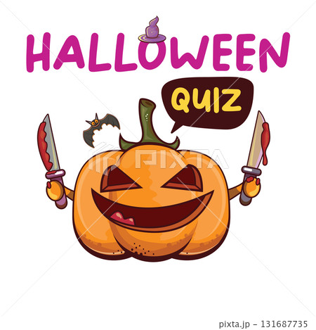 Halloween quiz symbol with cartoon pumpkin. Funny pumpkin isolated on white background with speech bubble. Halloween kids quest and quiz game graphic vector illustration Halloween quiz symbol with cartoon pumpkin. Funny pumpkin isolated on white background with speech bubble. Halloween kids quest and quiz game graphic vector illustration 131687735