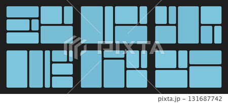 Blue grid bento layout background. Mixed rectangular frames, blocks, containers in monochrome template design. Vector geometric photo pattern. Gallery structure for digital presentations. Blue grid bento layout background. Mixed rectangular frames, blocks, containers in monochrome template design. Vector geometric photo pattern. Gallery structure for digital presentations. 131687742