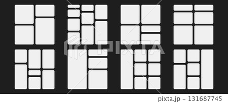White grid bento layout background. Mixed rectangular frames, blocks, containers in clean template design. Vector geometric photo pattern. Gallery structure for digital presentations. 131687745