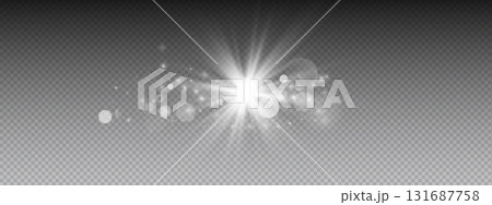 Bright light effect sun element. Central sunburst with radiating beams, rays, sparkles, flares creating luminous glow. Vector shine object with magical transparent effects. Overlay for design 131687758