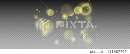 Soft golden bokeh light wallpaper with glitter dust. Transparent texture shows blurred circles, starbursts, and luminous dots with warm effect. Vector pattern overlay ideal for celebration cards. 131687765