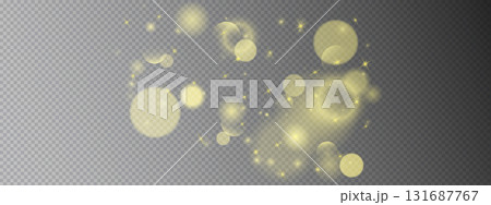 Soft light bokeh background with golden glow particles. Transparent backdrop displays blurred circles, star flecks, and glitter dots creating warm effect. Vector texture overlay for holiday designs. Soft light bokeh background with golden glow particles. Transparent backdrop displays blurred circles, star flecks, and glitter dots creating warm effect. Vector texture overlay for holiday designs. 131687767