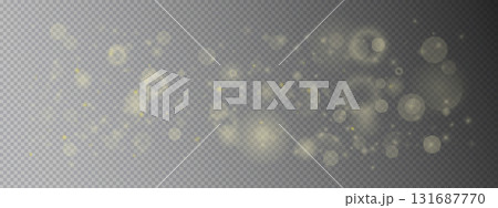 Delicate bokeh light backdrop with golden sparkle elements. Transparent pattern shows diffused circles, star dots, and shine particles creating magic effect. Vector template for festive card designs. Delicate bokeh light backdrop with golden sparkle elements. Transparent pattern shows diffused circles, star dots, and shine particles creating magic effect. Vector template for festive card designs. 131687770