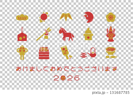 2026年の年賀状イラスト(馬と日本のお正月アイコン) 131687785