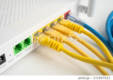 Ethernet cable with wireless router connect to internet service provider network. 131687822
