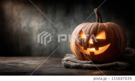 Halloween glowing pumpkin with a scary face 131687839