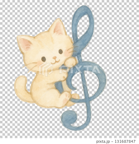 Illustration of a kitten clinging to a treble clef 131687847