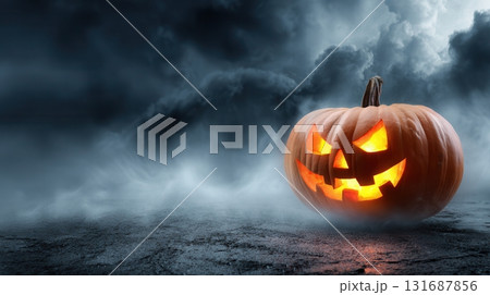 Halloween glowing pumpkin with a scary face Halloween glowing pumpkin with a scary face 131687856