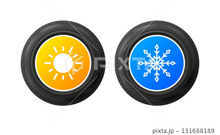 Car wheels with winter and summer tires. Tires for different seasons. Winter tires with snowflake and summer witn sun. Vector illustration. Car wheels with winter and summer tires. Tires for different seasons. Winter tires with snowflake and summer witn sun. Vector illustration. 131688189