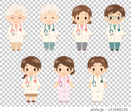 Doctor and nurse character set / Young and elderly men and women standing vector material 131688230