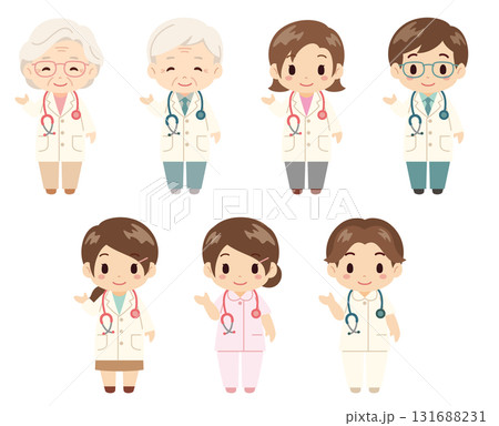 医師と看護師の人物セット／若い男女、高齢男女の右手を上げて案内する立ち姿のベクター素材 131688231