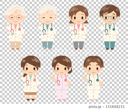 醫生和護士角色集/站立舉起右手引導的年輕和老年男女向量素材 醫生和護士角色集/站立舉起右手引導的年輕和老年男女向量素材 131688231