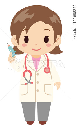 若い女性医師が注射器を持っているシンプルで可愛らしいベクターイラストアイコン 131688232