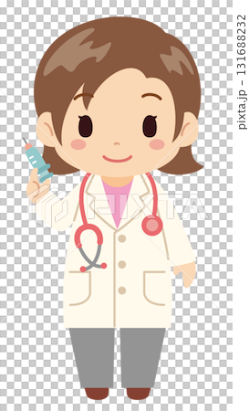 若い女性医師が注射器を持っているシンプルで可愛らしいベクターイラストアイコン 131688232