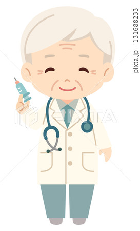 高齢ベテラン男性医師が注射器を持っているシンプルで可愛らしいベクターイラストアイコン 131688233