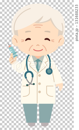 高齢ベテラン男性医師が注射器を持っているシンプルで可愛らしいベクターイラストアイコン 131688233