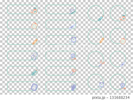 帶有醫療圖標/圓角、圓圈、標籤和帶狀設計的簡單框架集 | A4 比例 131688234