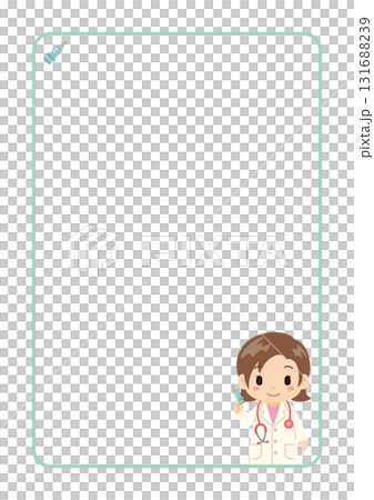 Simple frame with young female doctor and syringe icon / Vaccination, vaccine, blood collection, notice | A4 ratio 131688239