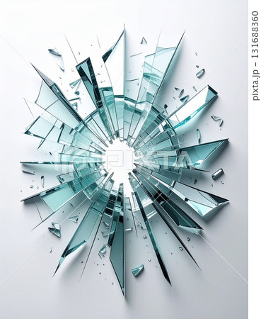 白い背景に、数枚の鋭いガラスの破片が、放射状に飛び散っている 白い背景に、数枚の鋭いガラスの破片が、放射状に飛び散っている 131688360