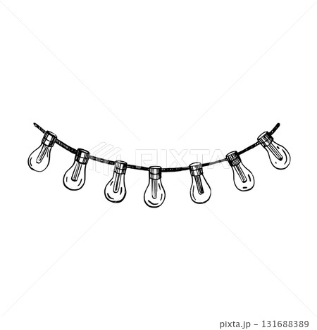 Hand-drawn string lights vector illustration. Retro garland with hanging light bulbs, festive decoration for Christmas, party, wedding, or holiday design. For Postcard. Black and white doodle style 131688389