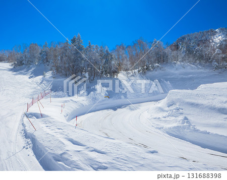 スキー場のリフトから見下ろす雪に覆われた車道のカーブ (長野県、志賀高原) スキー場のリフトから見下ろす雪に覆われた車道のカーブ (長野県、志賀高原) 131688398