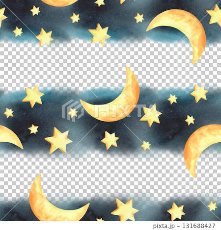 Seamless pattern of watercolor stars amd moon. For fabric, wallpaper, packing paper, greeting cards, design, decoration and illustration. 131688427