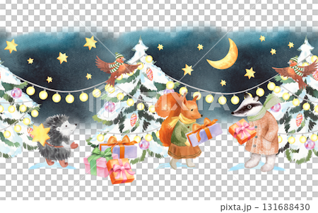 Seamless border of forest animals, christmas tree and gifts. Watercolor illustration. For fabric, wallpaper, packing paper, greeting cards, design, decoration and illustration. Seamless border of forest animals, christmas tree and gifts. Watercolor illustration. For fabric, wallpaper, packing paper, greeting cards, design, decoration and illustration. 131688430
