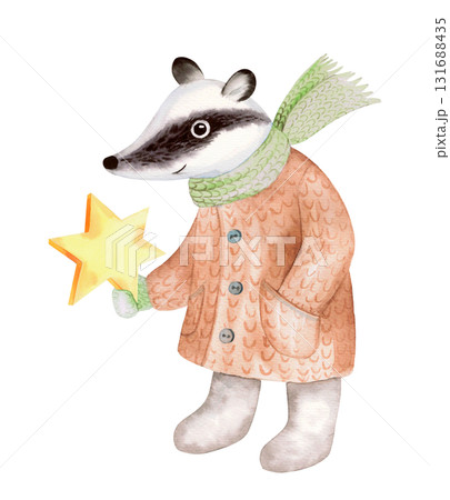 Badger with the star. Watercolor illustration. For fabric, wallpaper, packing paper, greeting cards, design, decoration and illustration. 131688435