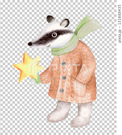Badger with the star. Watercolor illustration. For fabric, wallpaper, packing paper, greeting cards, design, decoration and illustration. 131688435
