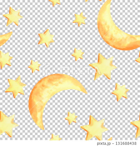 Seamless pattern of watercolor stars amd moon. For fabric, wallpaper, packing paper, greeting cards, design, decoration and illustration. 131688438
