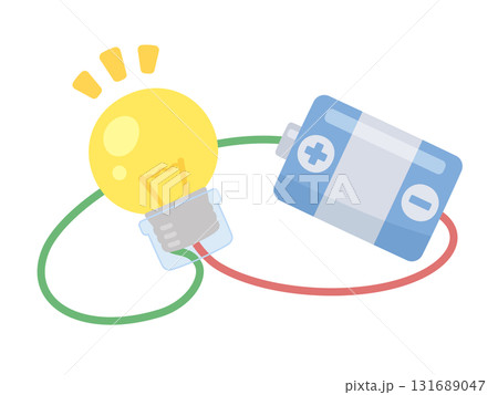 ソケットを付けた豆電球を乾電池につないだイラスト 131689047