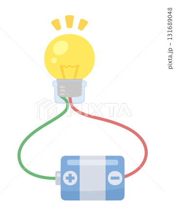 ソケットを付けた豆電球を乾電池につないだイラスト_縦 131689048