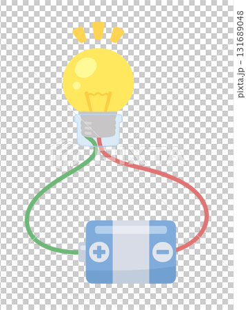 帶有插座的燈泡與乾電池連接的插圖_垂直 131689048