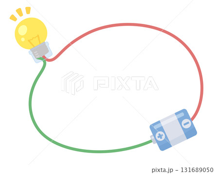 ソケットを付けた豆電球を乾電池につないだイラストのフレーム素材 131689050