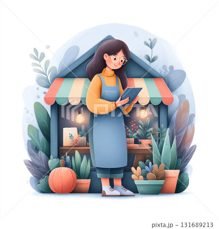 Vector illustration of woman using tablet outside her small business store. Concept of entrepreneurship, digital growth, and eco-friendly retail. Vector illustration Vector illustration of woman using tablet outside her small business store. Concept of entrepreneurship, digital growth, and eco-friendly retail. Vector illustration 131689213