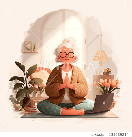 Elderly woman sitting cross-legged and meditating at home near laptop. Peaceful lifestyle, mindfulness, and mental wellness concept in soft tones. Vector illustration Elderly woman sitting cross-legged and meditating at home near laptop. Peaceful lifestyle, mindfulness, and mental wellness concept in soft tones. Vector illustration 131689214