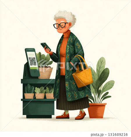 Elderly woman scanning QR code with smartphone near plants in store. Modern technology, digital payment, and senior tech adoption concept. Vector illustration 131689216