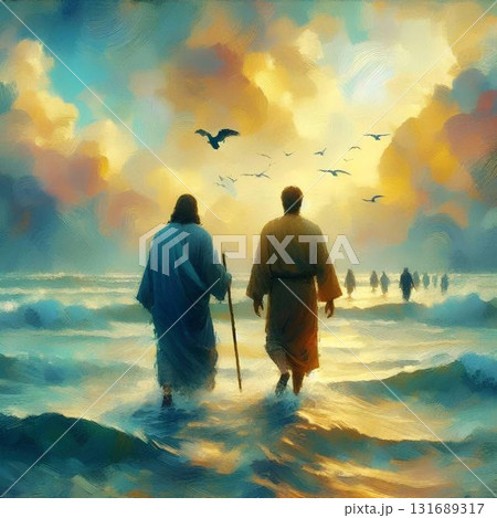 Jesus and the Apostle Peter walking on water 131689317