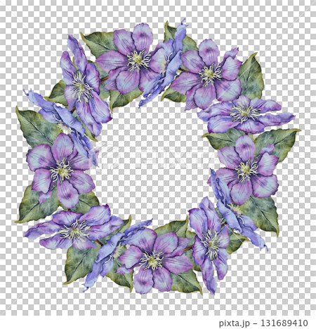 Watercolor wreath of violet clematis flowers and green leaves, painted in botanical style. Illustration for packaging, wedding invitations, cosmetics, fabric design, home decor, and floristry. Watercolor wreath of violet clematis flowers and green leaves, painted in botanical style. Illustration for packaging, wedding invitations, cosmetics, fabric design, home decor, and floristry. 131689410