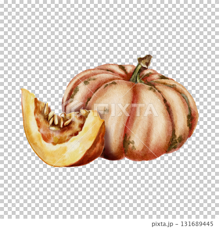 Watercolor illustration whole pumpkin and sliced piece with visible seeds in warm beige and orange tones in a realistic style. for autumn packaging, food design, cookbooks, and Thanksgiving themes. 131689445