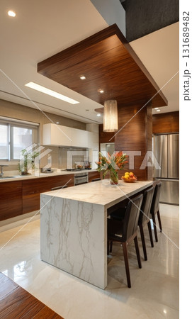 Interior of modern open plan kitchen with dining table and glowing lamps, generated AI 131689482