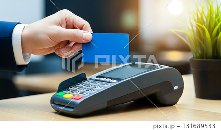 A person holding a blue credit card over a pos terminal for payment transaction in a store setting 131689533