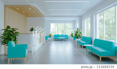 Bright waiting area with teal seating and large windows offering a view of the outside greenery 131689539