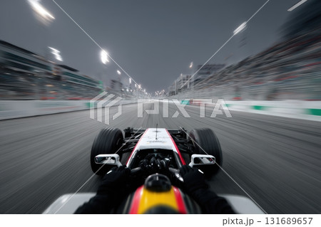 Racing car speeds down track with blurred lights and audience on a bustling race day 131689657