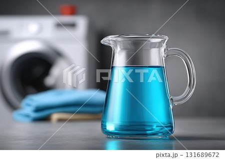 Clear glass pitcher filled with blue liquid beside folded blue towels in a laundry room 131689672
