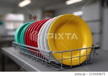 Colorful plates drying in a kitchen rack after washing near a countertop 131689675