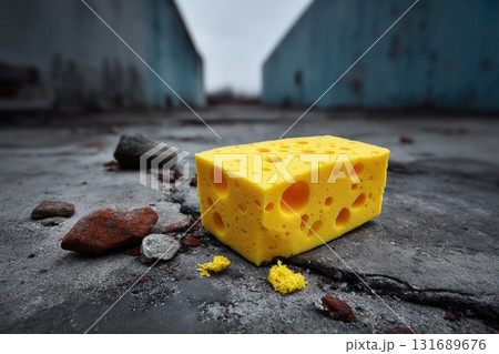 Unique yellow sponge rests on cracked surface among scattered stones in an abandoned location 131689676