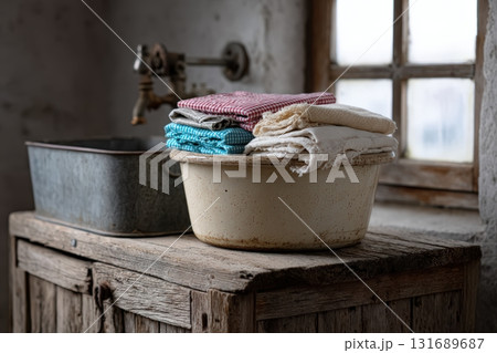 Stacked colorful linens resting in a vintage basin on a rustic wooden surface 131689687