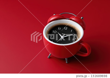 Unique red alarm clock resting in a coffee cup on a vibrant red background 131689698